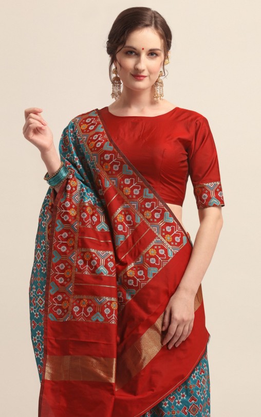 KAPAAHA Woven Dil Patola Saree (Firozi)